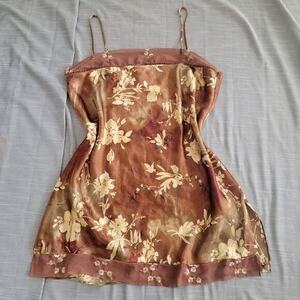 Y2K‎ Satin Slip Embroidered Spaghetti Straps Lace Floral Mini Short Dress Brown